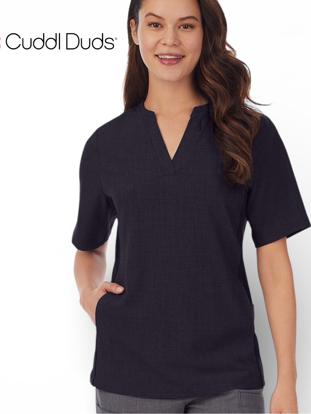 Climate Right Cuddl Duds V-Neck Nurse Scrub Top Womens Stretch 6-Pocket | Sz S